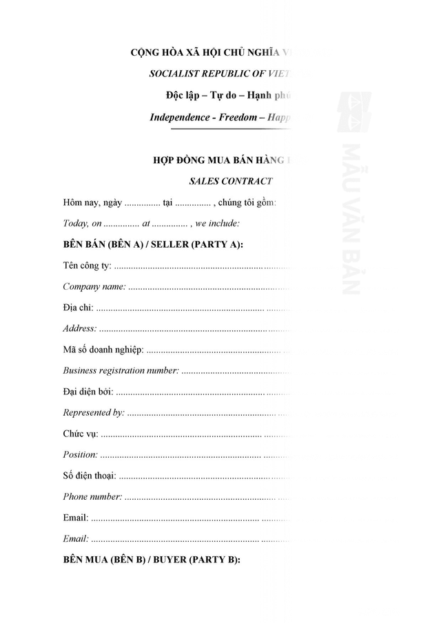 Hợp đồng mua bán hàng hóa song ngữ
