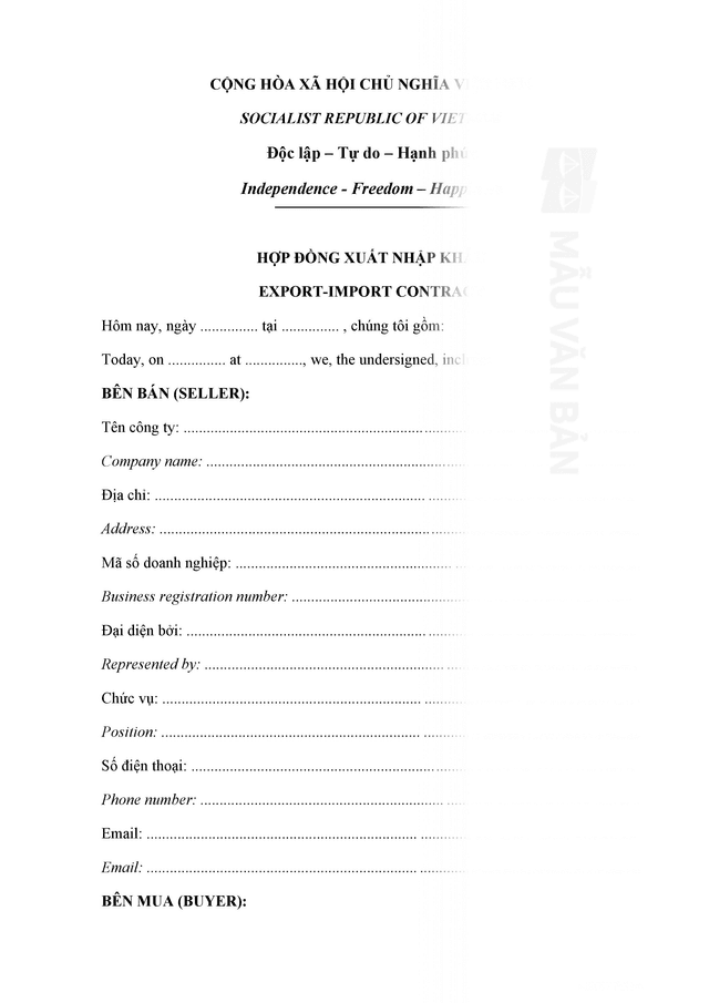 mẫu HỢP ĐỒNG XUẤT NHẬP KHẨU song ngữ