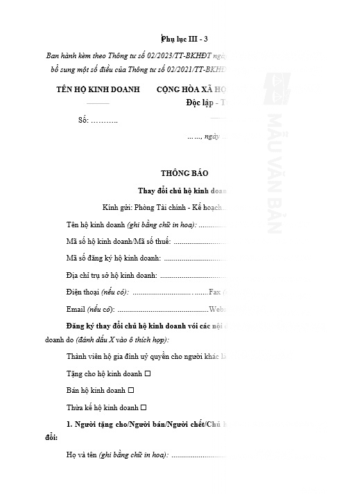 Thay đổi nội dung đăng ký hộ kinh doanh đối với trường hợp thay đổi chủ hộ kinh doanh