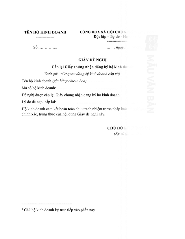 Giấy đề nghị cấp lại giấy chứng nhận đủ điều kiện hộ kinh doanh