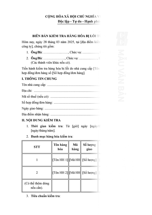 Biên bản kiểm tra hàng hóa bị lỗi từ nhà cung cấp