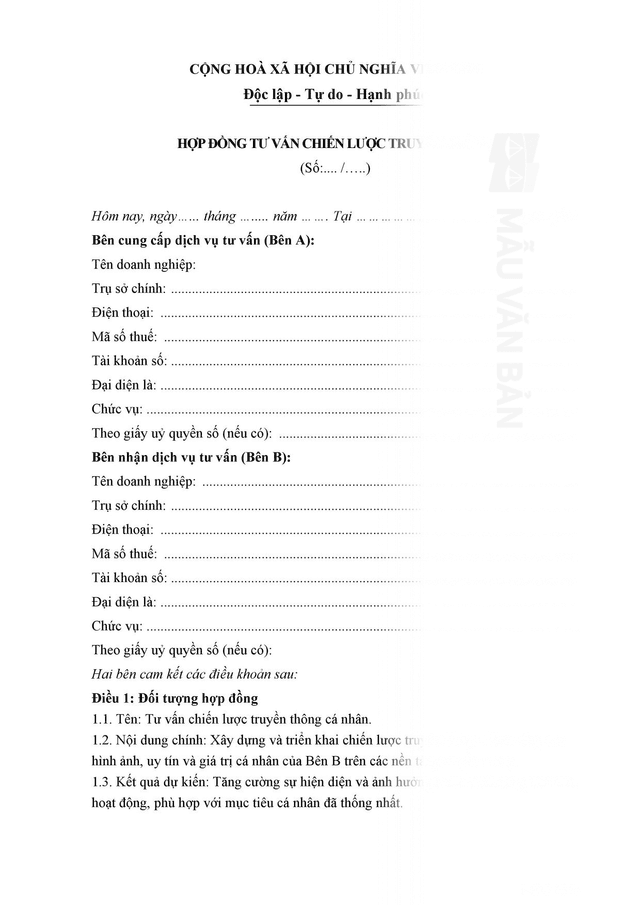 Hợp đồng tư vấn chiến lược truyền thông cho cá nhân